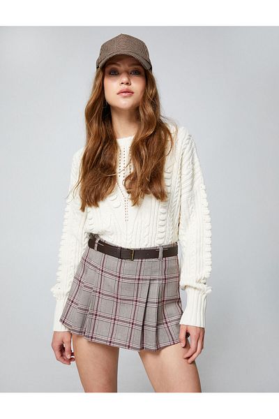 Koton Karierter Mini-Shortsrock mit plissiertem Gürteldetail