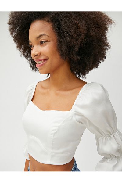 Koton Balloon Sleeve Crop Blouse - Square Neck Viscose Gather