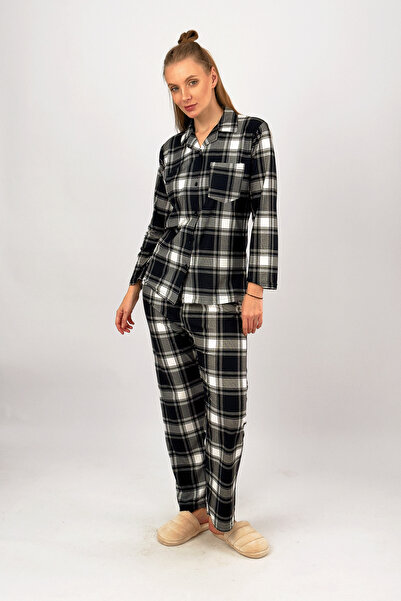 Betimoda Kadın Kadife Süet Önden Düğmeli Cepli Kışlık Sıcak Tutan Lastikli Bel Pijama Takımı Siyah Kare