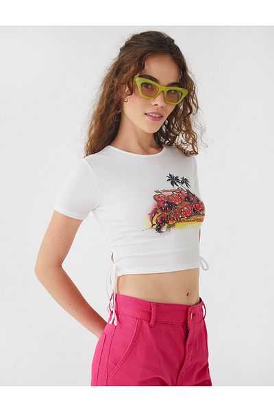 Koton Crop T-Shirt Printed Crew Neck