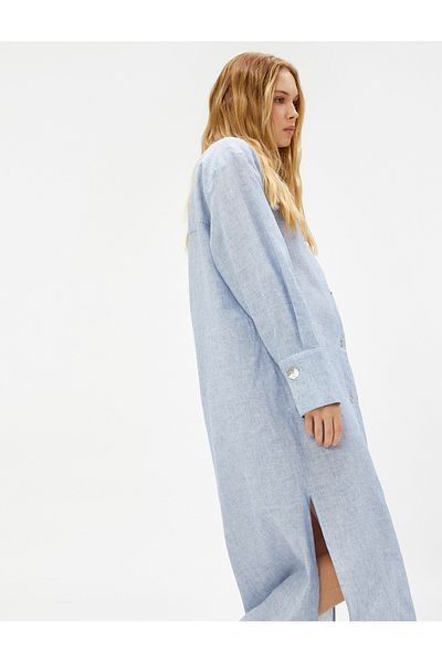 Koton Langes Hemdblusenkleid mit prächtigem Kragen aus Leinenmischung