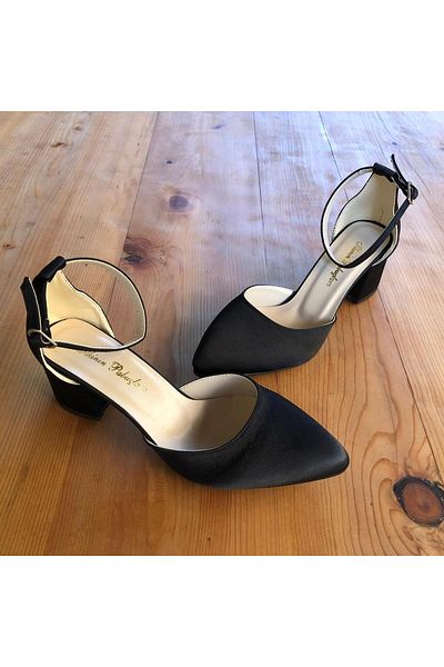 İlkinin Pabuçları Pearl Ankle Detailed Shoes, Black Satin Women's Shoes, 5cm Thick Heels Evening Dress Shoes