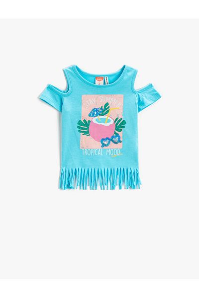 Koton Tassel Printed T-Shirt Window Detailed Short Sleeve Cotton