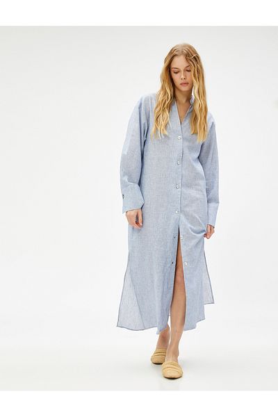 Koton Langes Hemdblusenkleid mit prächtigem Kragen aus Leinenmischung