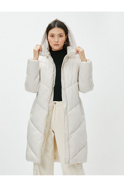Koton Hooded Long Puffer Jacket - Zippered Pockets