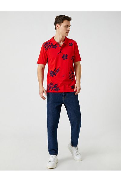 Koton Polo Neck T-Shirt Leaf Printed Buttoned Slim Fit Short Sleeve