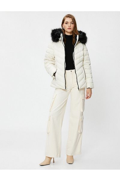 Koton Short Puffer Jacket Belted Hooded Plush Detailed