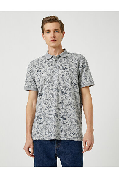 Koton Polo-Hals-T-Shirt mit Blumenmuster, schmale Passform, kurze Ärmel, geknöpft