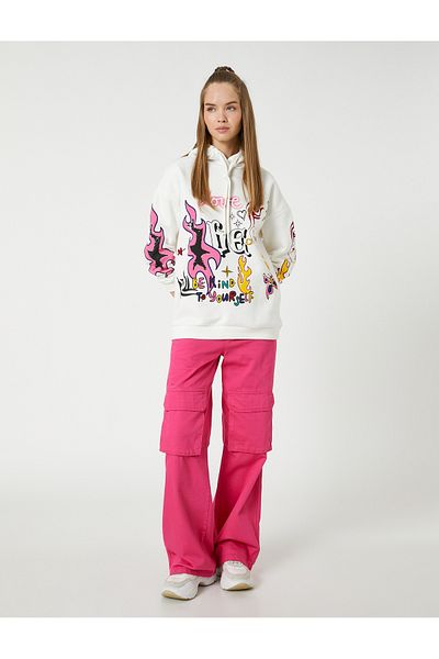 Koton Graffiti Print Raster Hooded Sweatshirt - Long Sleeve and Ribbed