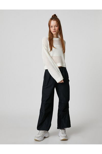 Koton Crop Ajurat Tricotaj Pulover Mesh Decolteu cu mânecă lungă Tricotat