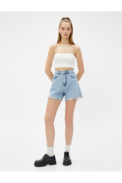 Koton Roztrhané džínsové šortky s detailom vrecka z bavlny s vysokým pásom