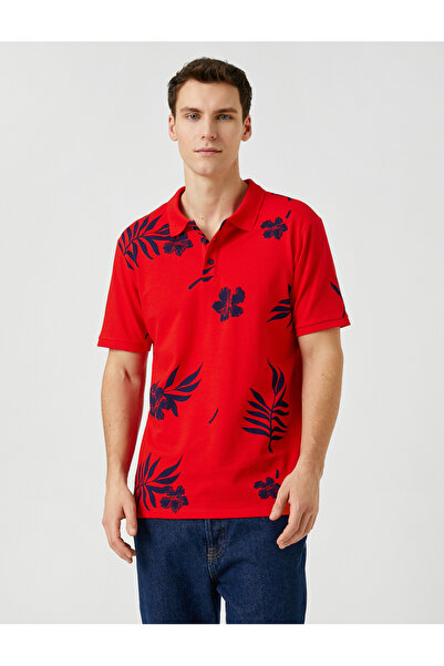 Koton Polo Neck T-Shirt Leaf Printed Buttoned Slim Fit Short Sleeve