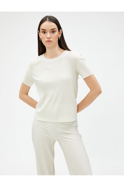 Koton Pleated T-Shirt Short Sleeve Crew Neck