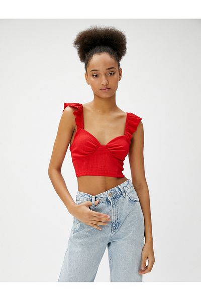 Koton Crop Top Ruffled Sweetheart Neckline Textured Straps