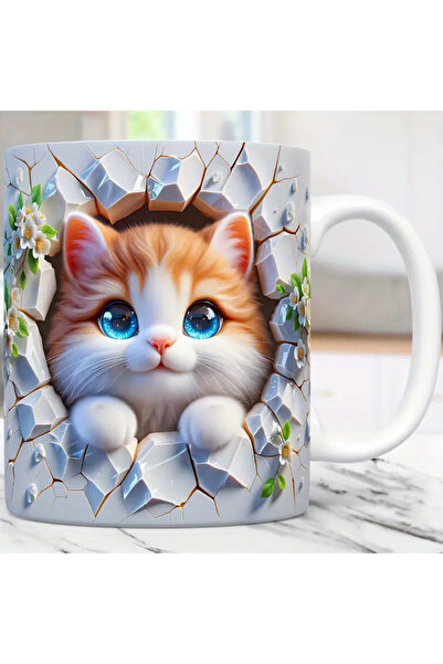 Genel Markalar Turuncu Kedi Baskılı 3D Efekli Hediyelik Kupa Bardak