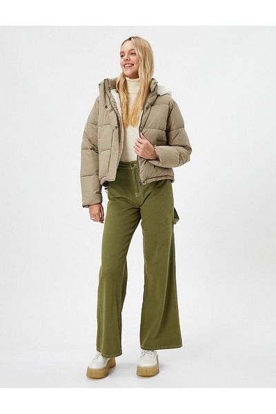 Koton Puffer Jacket, Hooded, Plush Lined, Pocket, Zipper