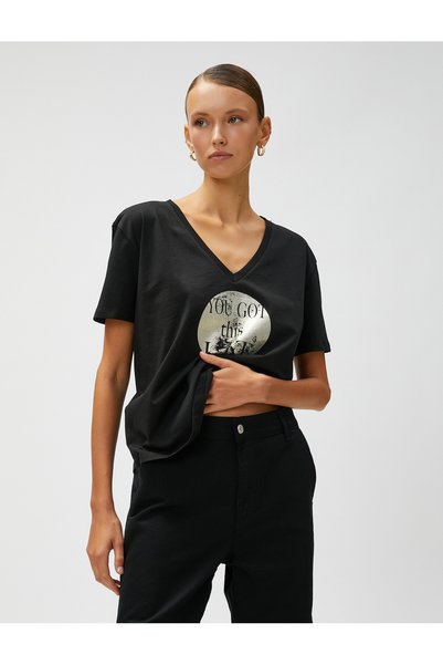 Koton V-Neck Printed Cotton T-Shirt