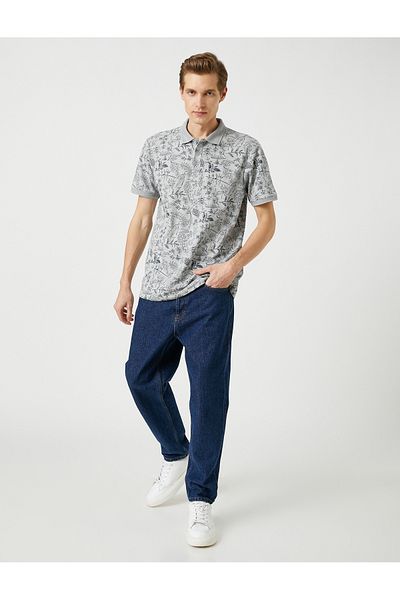 Koton Polo-Hals-T-Shirt mit Blumenmuster, schmale Passform, kurze Ärmel, geknöpft