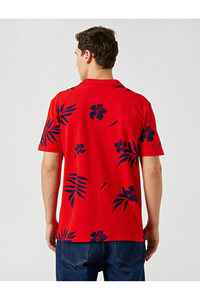 Koton Polo Neck T-Shirt Leaf Printed Buttoned Slim Fit Short Sleeve