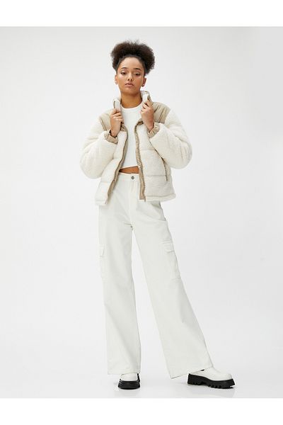Koton Plush Coat Stand-up Collar Pocket Detailed Zippered