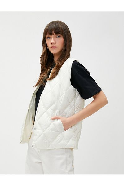 Koton Quilted Vest Round Collar with Snap Fasteners