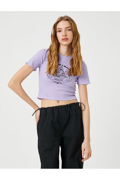 Koton Tricou crop cu mânecă scurtă imprimată cu nervuri