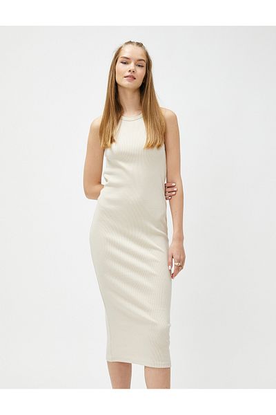 Koton Pencil Midi Corded Dress - Halter Neck and Slim Fit