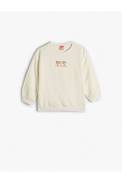 Koton Sweatshirt Long Sleeve Crew Neck Heart Printed Raised Cotton