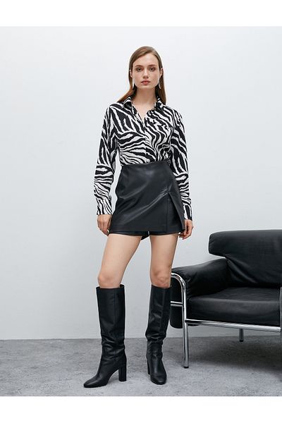 Koton Mini Shorts Skirt Leather Look Slit Detailed