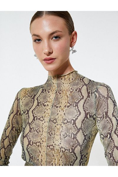 Koton Snakeskin Look T-Shirt High Collar Long Sleeve