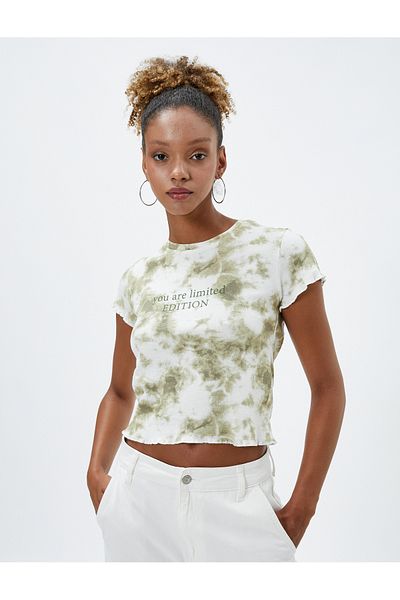 Koton Slogan Printed T-Shirt with Batik Detail Short Sleeve Crew Neck