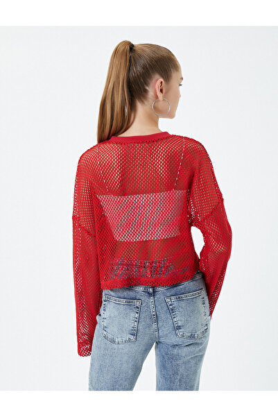 Koton Fishnet Crop T-Shirt Long Sleeve Crew Neck Cotton