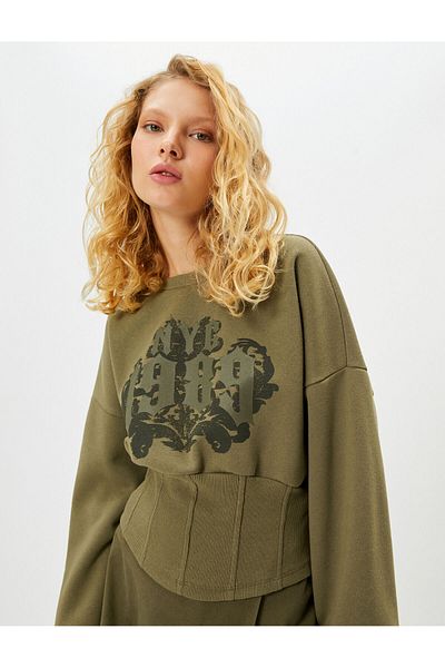 Koton College Crop Sweatshirt with Corset Look and Slim Fit
