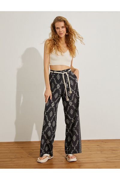 Koton Ethnic Printed Wide Leg Trousers with Pockets and Belt