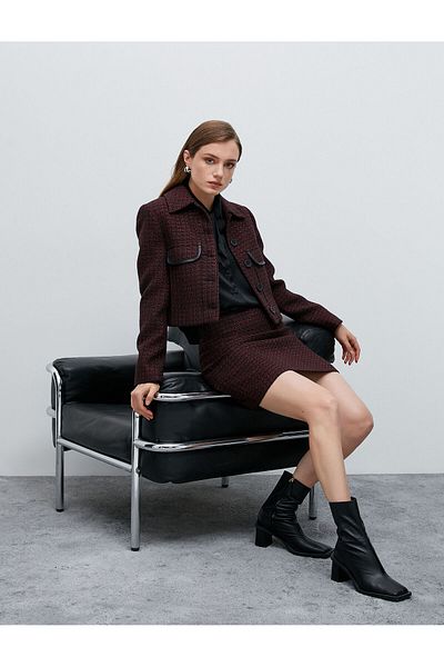 Koton Crop Tweed Blazer Jachetă Buzunare Nasturi Piele artificială Detaliat