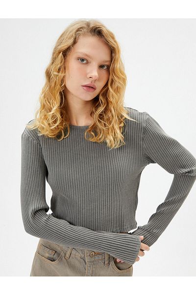 Koton Basic Crop T-Shirt Faded Effect Long Sleeve Crew Neck Camisole Cotton Slim Fit