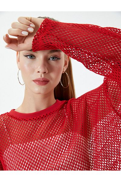 Koton Fishnet Crop T-Shirt Long Sleeve Crew Neck Cotton