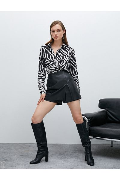 Koton Mini Shorts Skirt Leather Look Slit Detailed