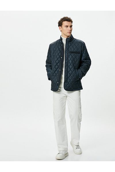 Koton Quilted Jacket Stand Collar Snap Button Pocket Detailed
