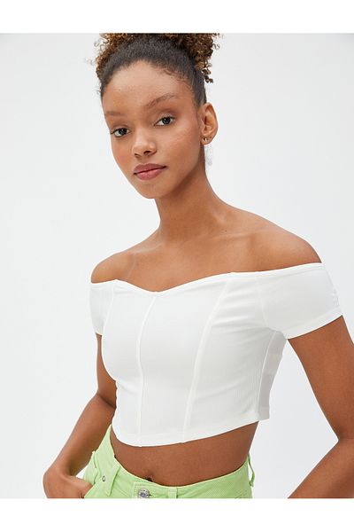 Koton Crop T-Shirt Off Shoulder Corset Detailed Sweetheart Neckline