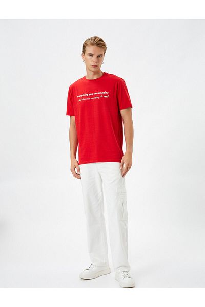 Koton Crew Neck Slogan Printed Cotton T-Shirt