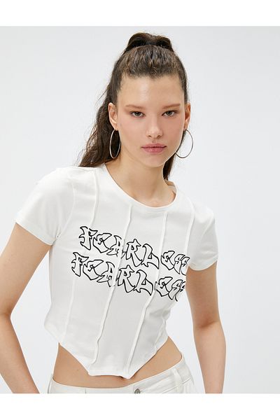 Koton Tricou Crop Slogan Imprimat Corset Detaliat Decolteu Crew