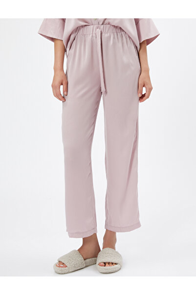 Koton Satin Pajama Bottoms with Lace Waist and Pocket Detail