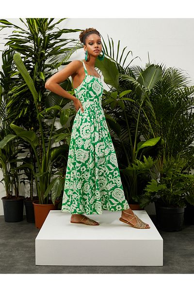 Koton Floral μακρύ φόρεμα με χιαστί τιράντες