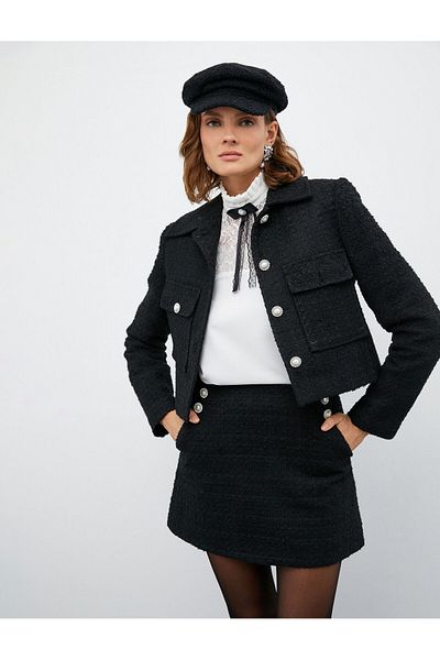 Koton Melis Ağazat X - Fustă mini din tweed cu nasturi perlat