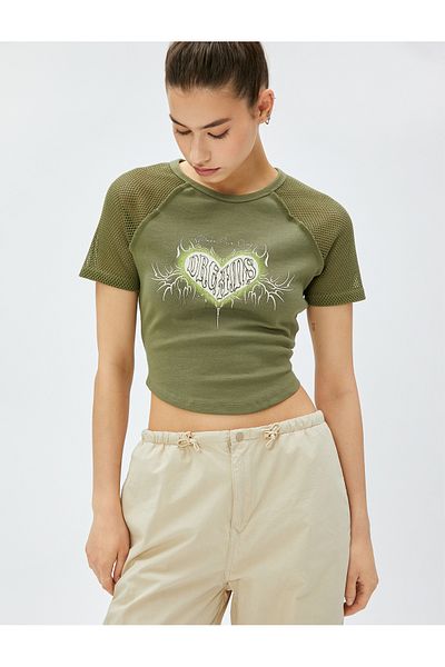 Koton Crop T-Shirt Printed Mesh Detailed Crew Neck Cotton