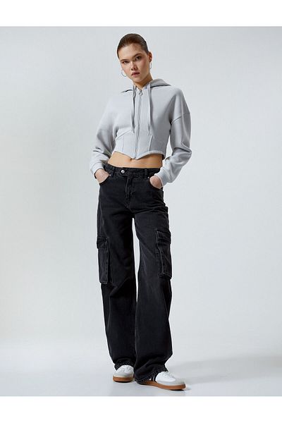 Koton Zippered Crop Sweatshirt Corset Look