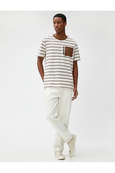 Koton Slogan Embroidered T-Shirt Pocket Detailed Textured Crew Neck