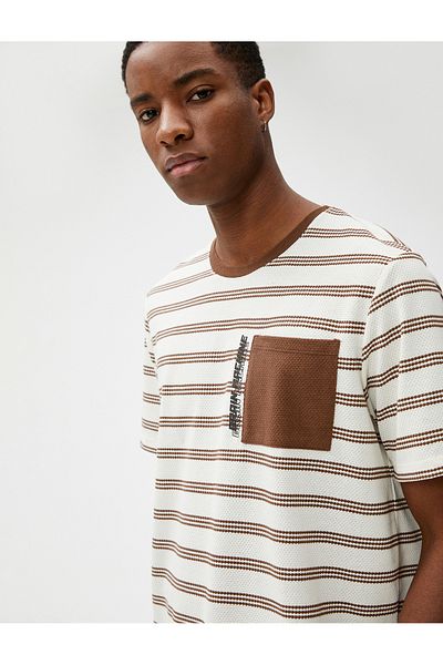 Koton Slogan Embroidered T-Shirt Pocket Detailed Textured Crew Neck