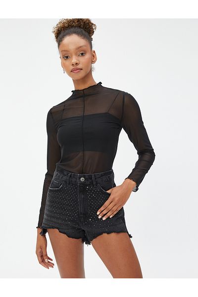 Koton Mini-Jeansshorts mit glänzendem Steindetail - Pocket Cotton
